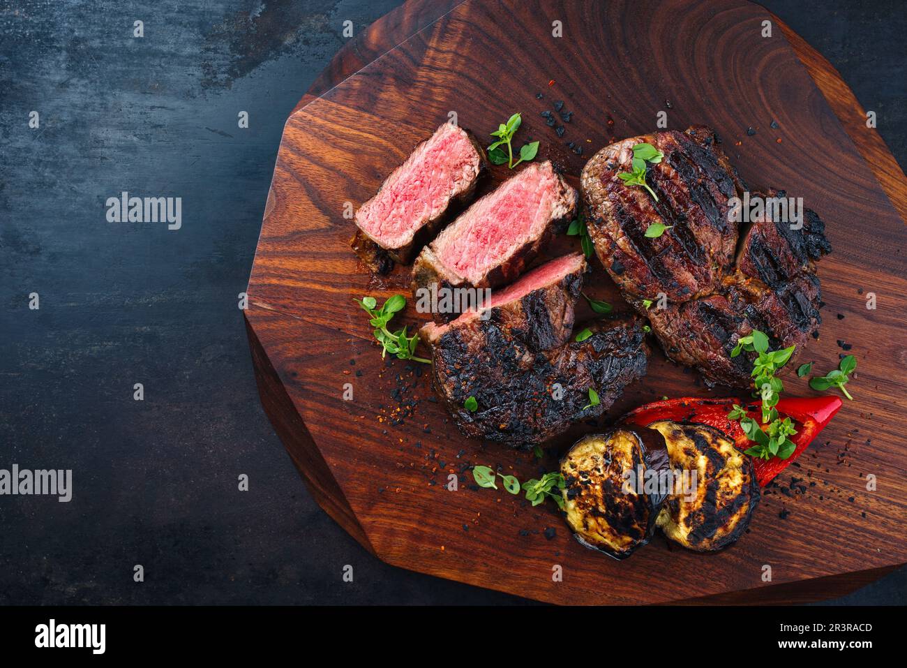 Barbecue dry aged angus rib-eye beef steak with grilled vegetable and ...