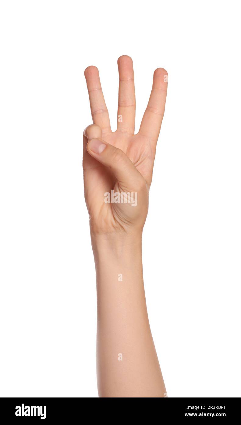 woman showing three fingers on white background closeup of hand 2R3RBPT