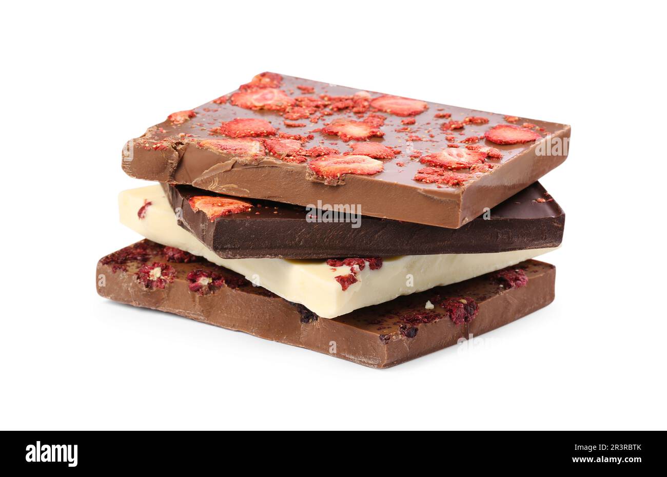 Chocolate bars with freeze dried strawberries on white background Stock