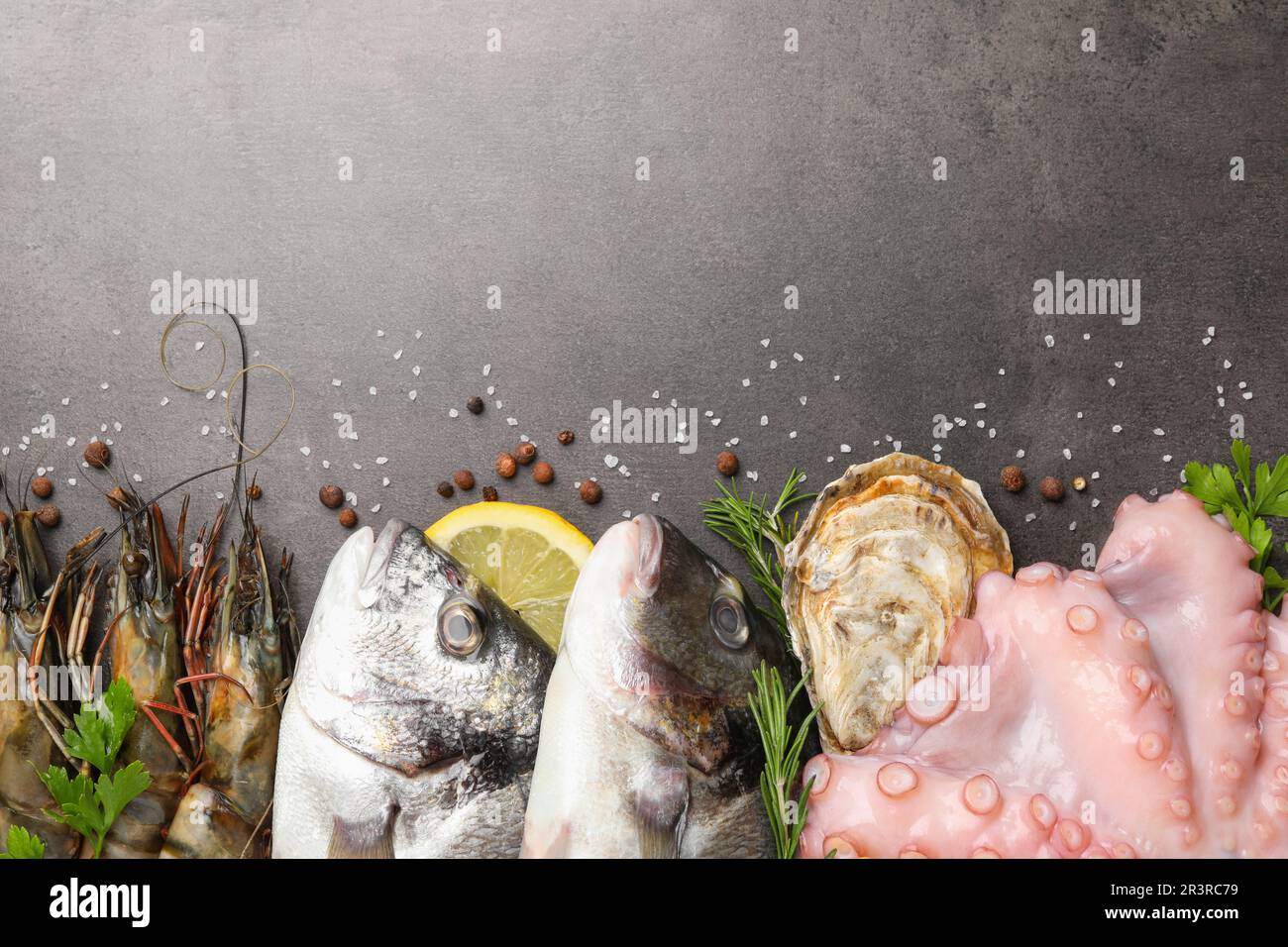 Flat lay composition with fresh raw dorado fish and different seafood ...