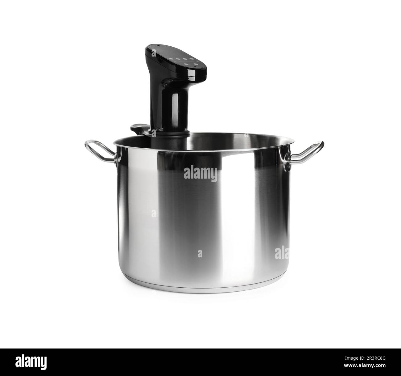 Thermal immersion circulator in pot isolated on white. Sous vide cooker