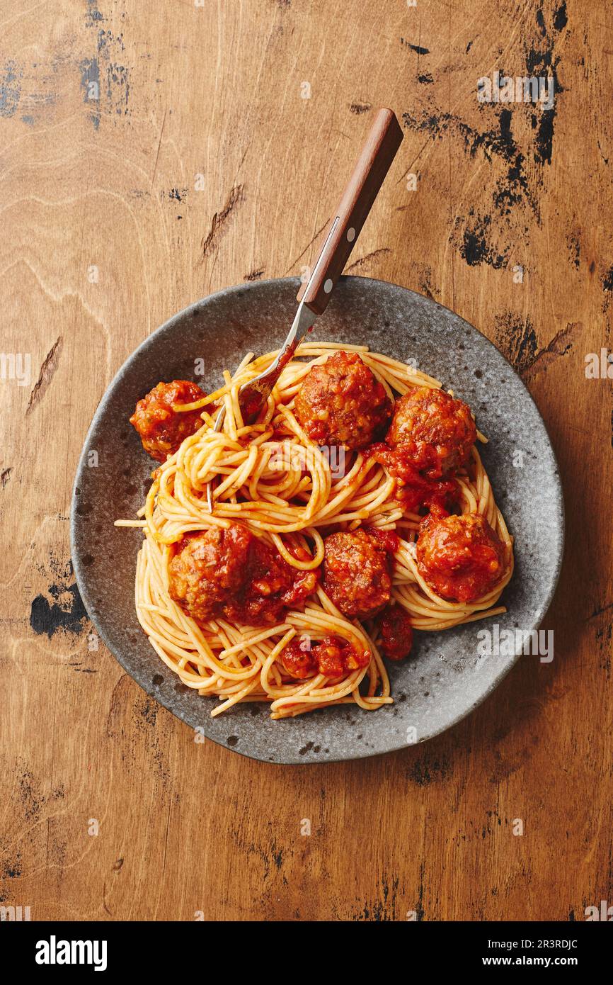Spaghetti pasta with meatballs and tomato sauce. Delicious homemade spaghetti meatballs Stock Photo