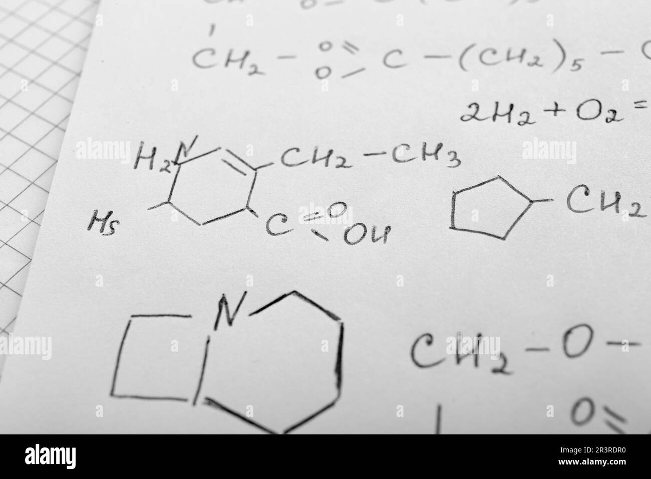 Sheet of paper with different chemical formulas, closeup Stock Photo