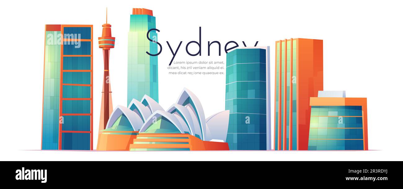 FEBRUARY 12, 2020. Vector cartoon illustration of Sydney landmarks, city skyline with Opera house banner, world famous buildings, tourist attraction architecture, megapolis skyscrapers, Australia Stock Vector