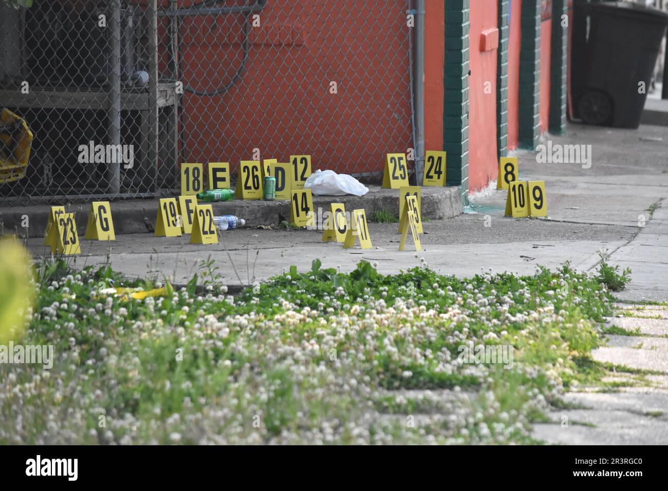 Philadelphia, United States. 24th May, 2023. Several shell casings seen at the crime scene. One