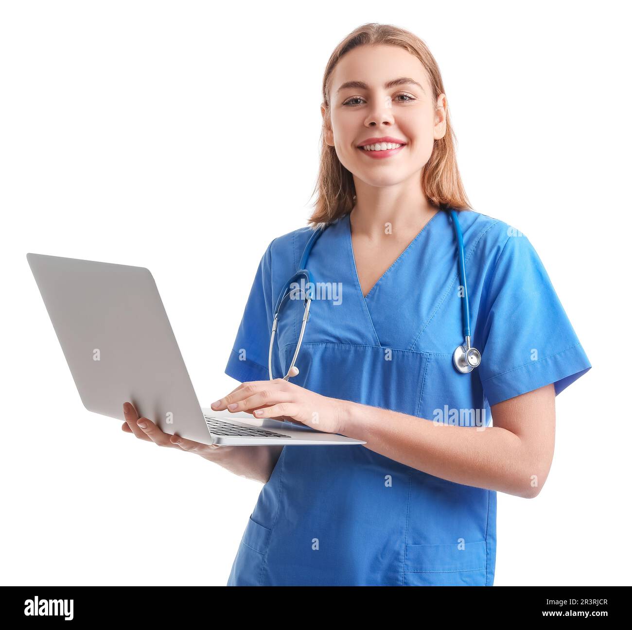 Female intern with laptop on white background Stock Photo - Alamy
