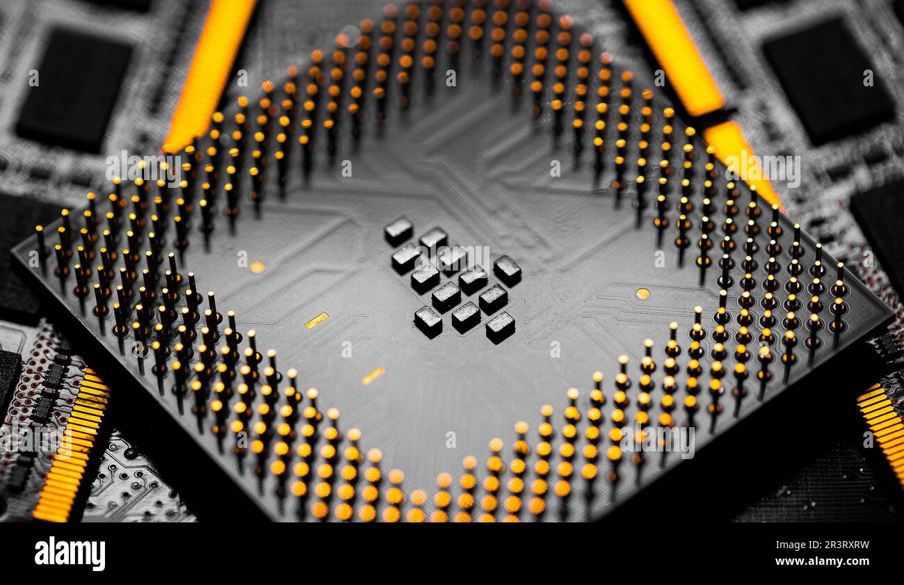 Close up of RAM Memory and pins on Main CPU PC processor circuit Stock Photo