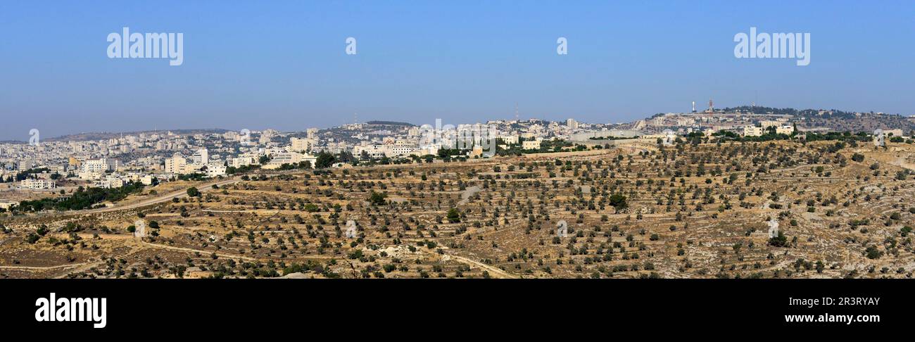 A view of Bayt Jala and the Israeli security barrier in the West Bank, Palestine. Stock Photo