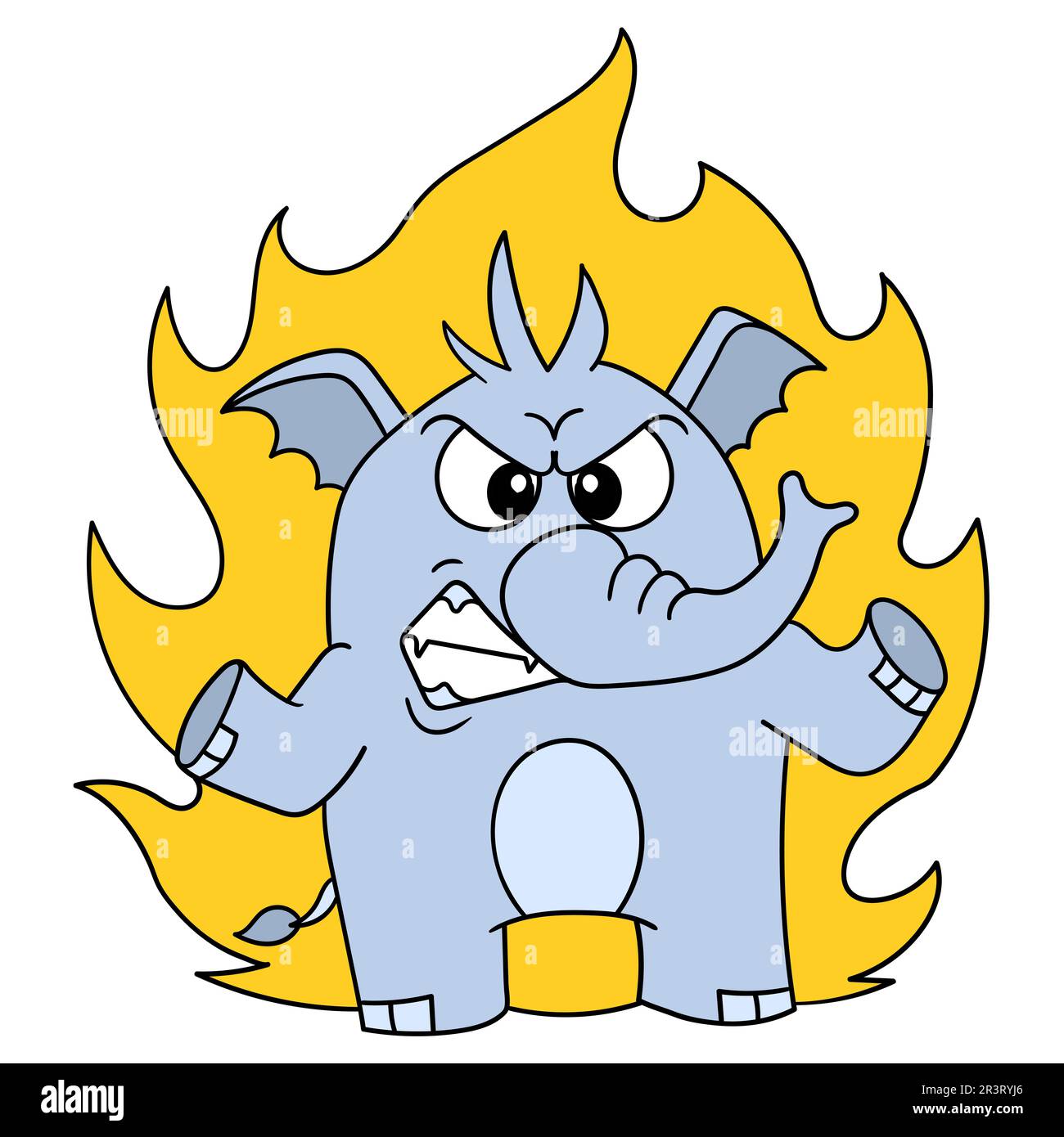 elephant emoticon with fiery angry face, character cute doodle draw