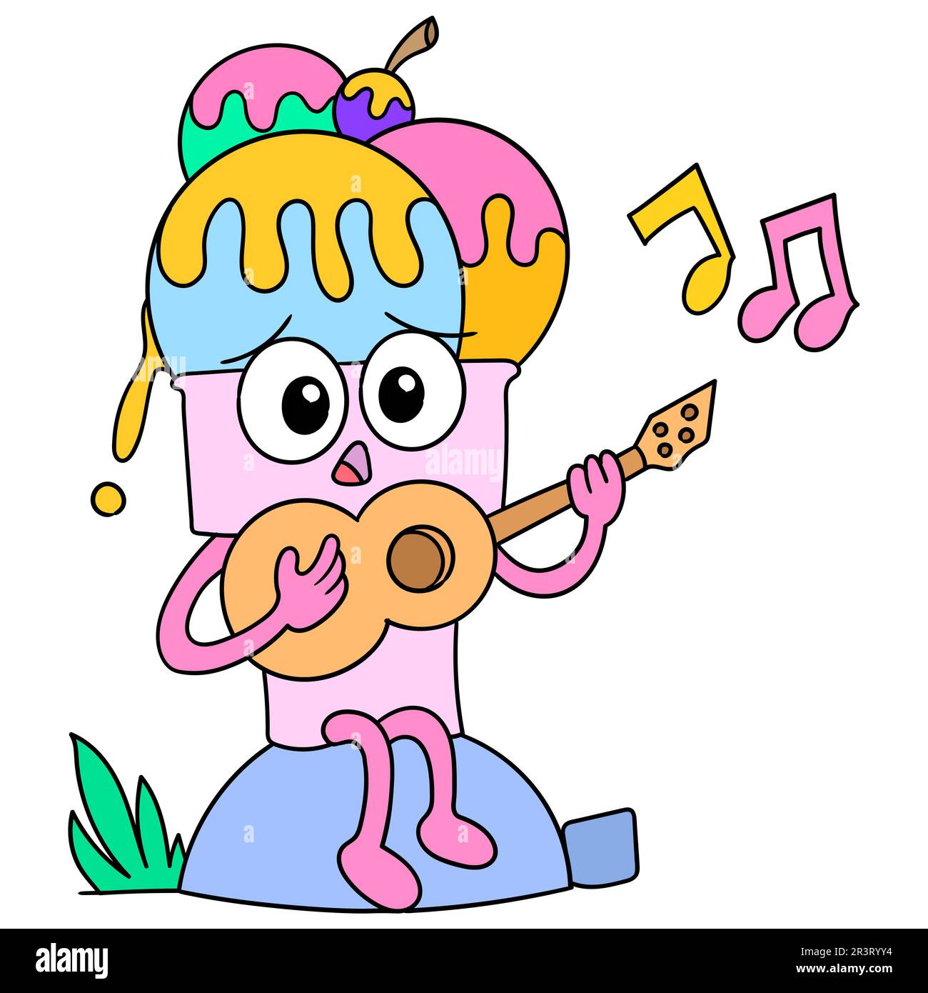 Ice cream cartoon playing music on guitar, doodle icon image Stock Photo