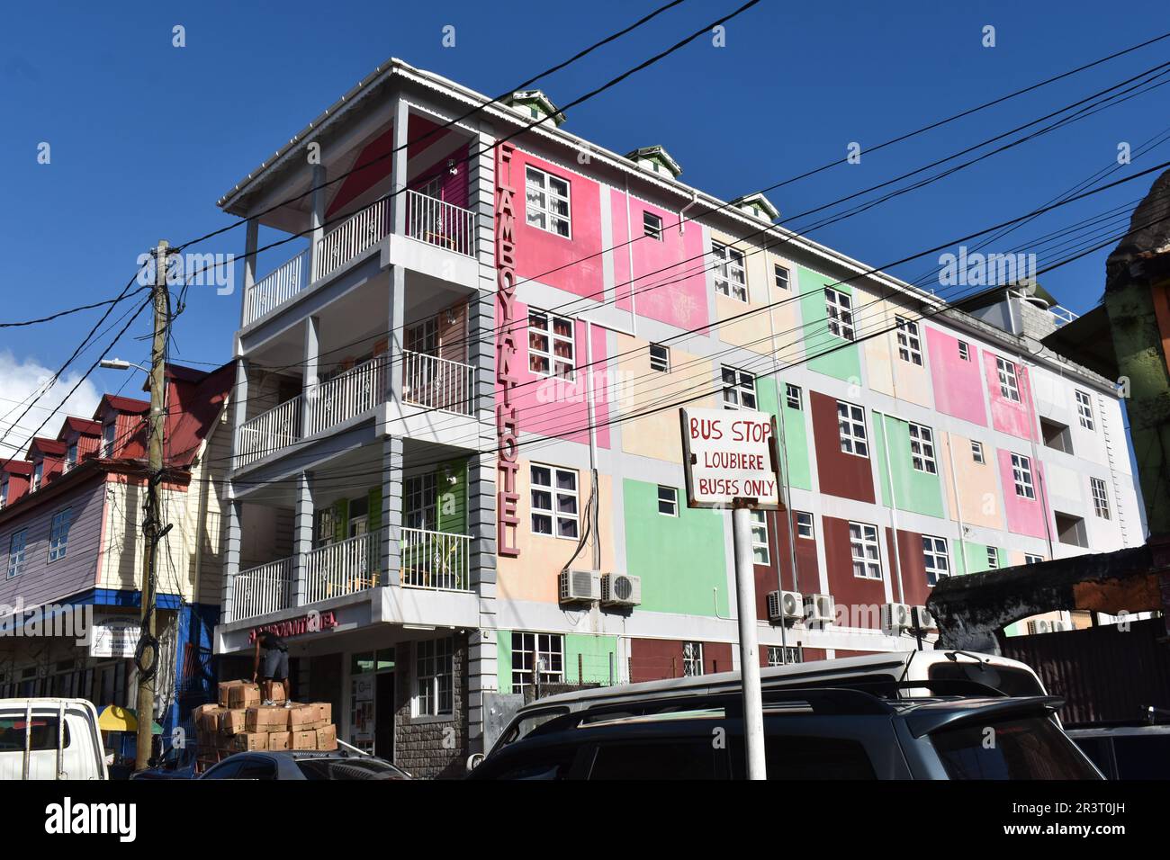 Roseau, Dominica - January 9, 2023 - The Flamboyant Hotel. Stock Photo