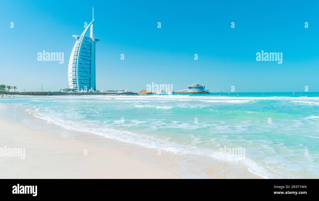 Burj Al Arab hotel in Dubai in front of Jumeirah beach Stock Photo