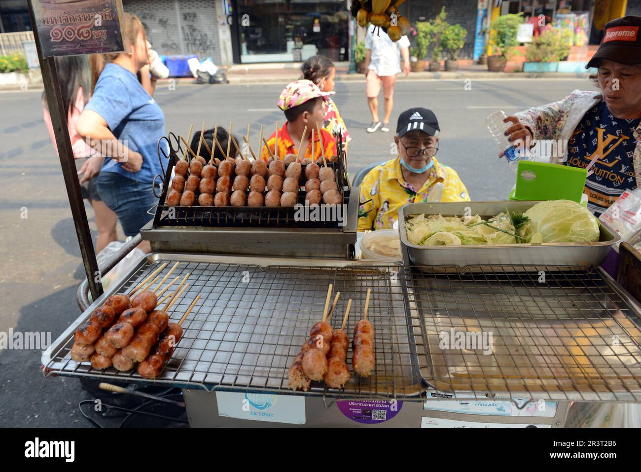 Thai style grilled pork balls on skewers. Khaosan Road, Bangkok, Thailand. Stock Photo