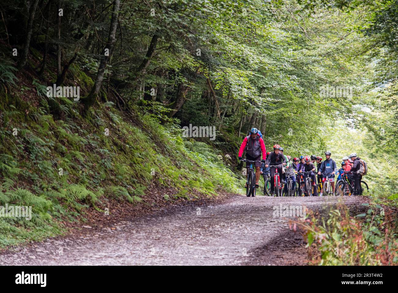 escursion juvenil en bicicleta de montaña, pista de Anapia a prados de Sanchese, trekking de las Golondrinas, Lescun, región de Aquitania, departamento de Pirineos Atlánticos, Francia. Stock Photo