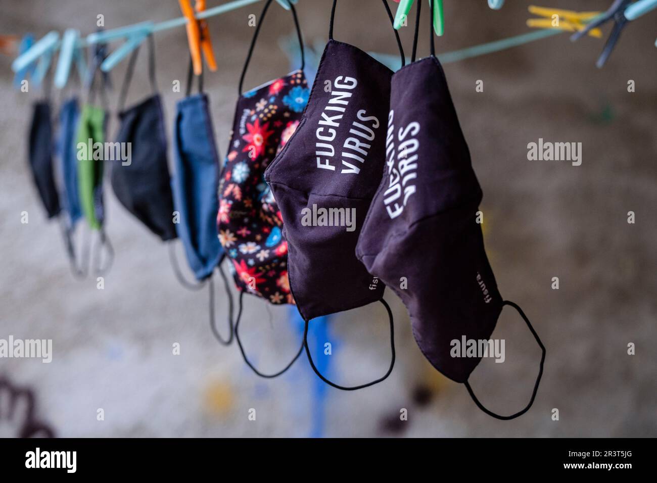 laundry of antivirus masks hanging in a dryer Stock Photo Alamy