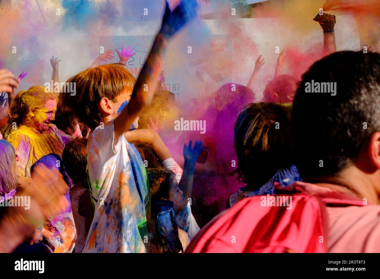 Children's Holi celebration, Llucmajor, Majorca, Balearic Islands, Spain. Stock Photo