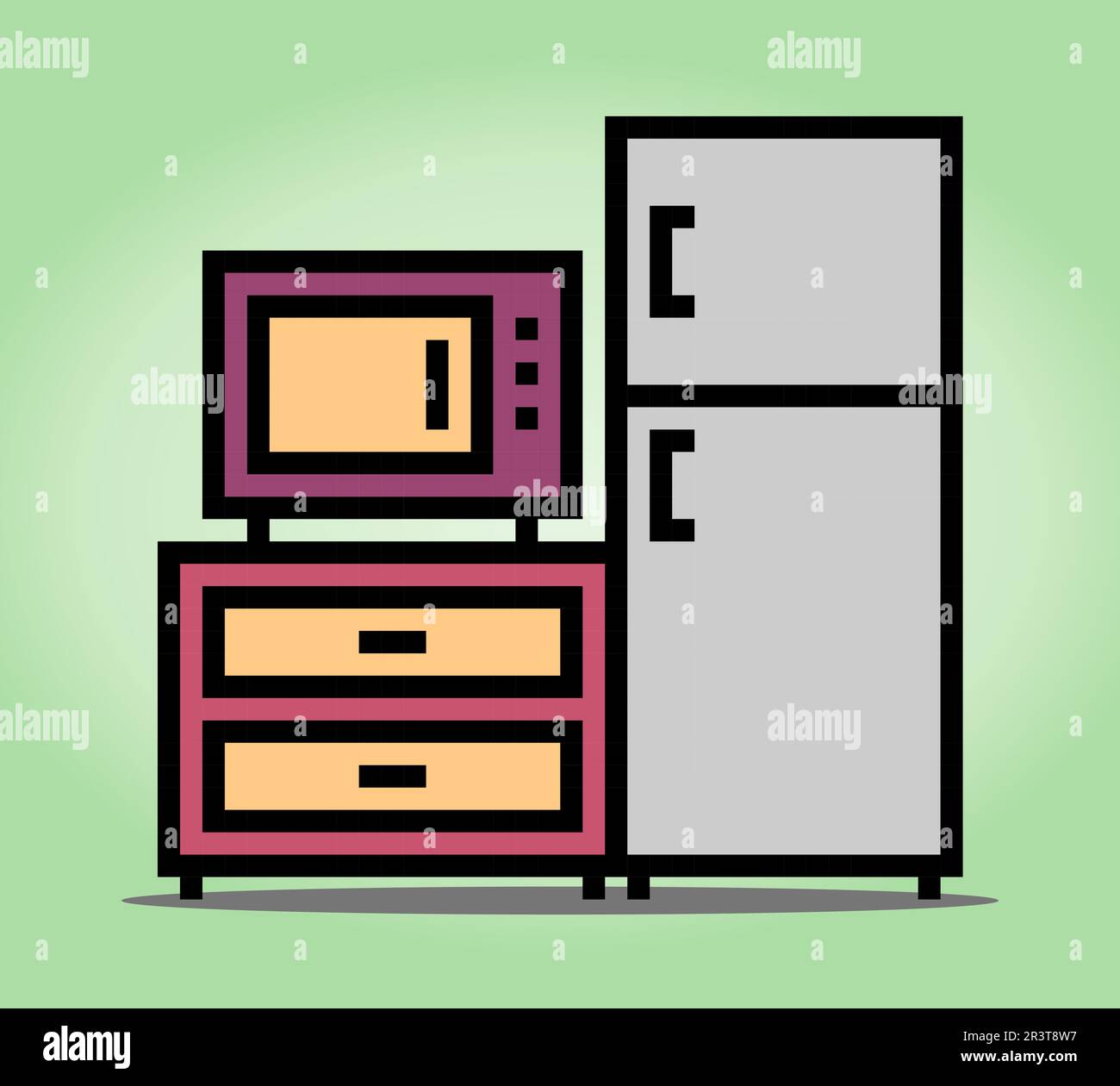 8 bit pixel Microwave, refrigerator and desk in vector illustrations for game assets. Kitchen electronic tool in Pixel Art. Stock Vector