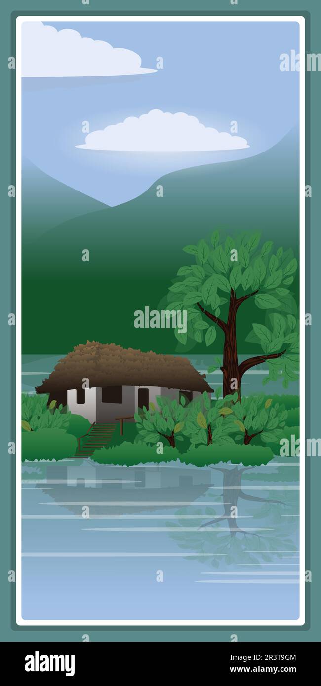 Frame with lake in the mountains and small house on the island wall art - for wall framed prints, canvas prints, poster, home decor Stock Vector
