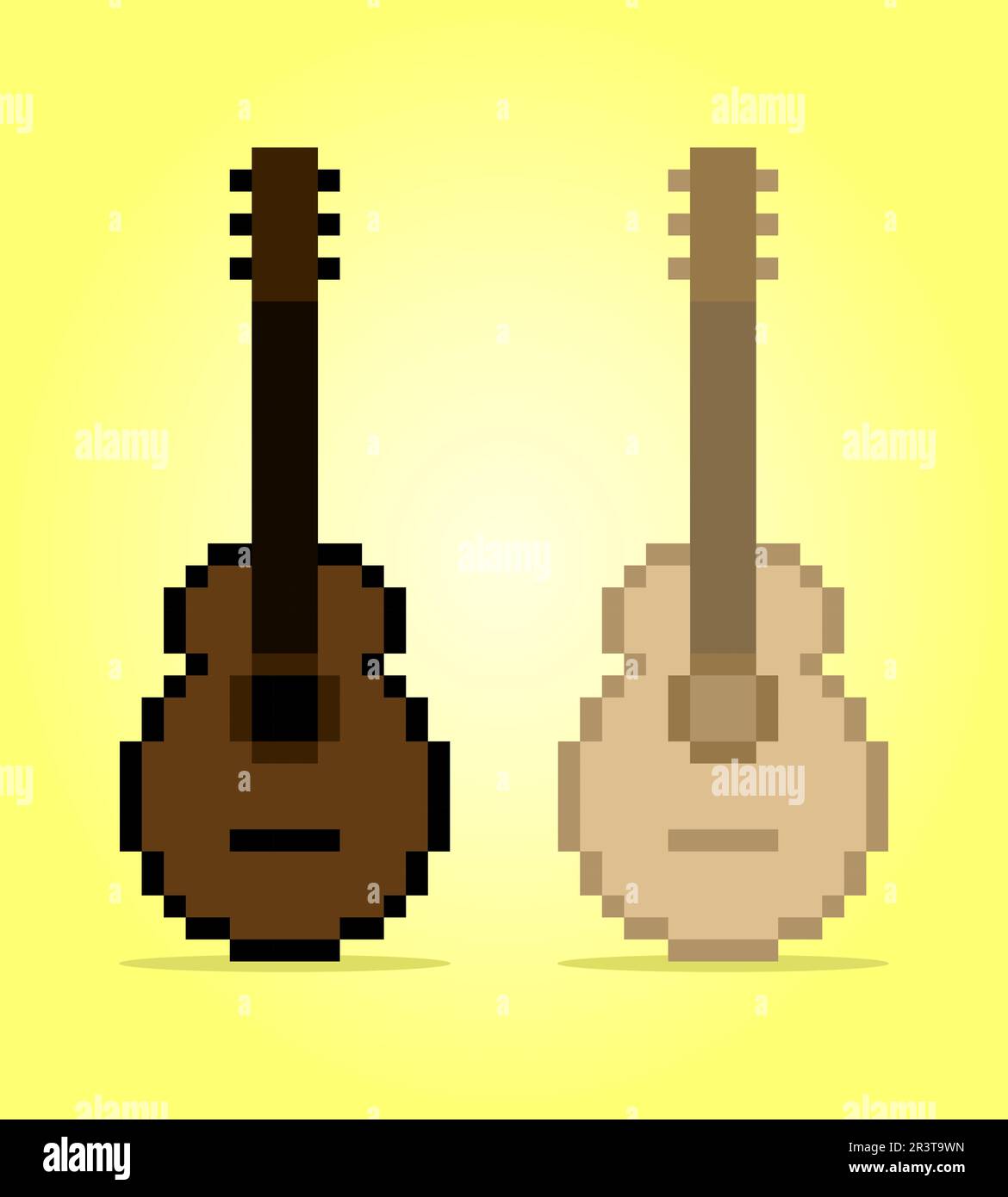 8-bit acoustic guitar pixel. Instrument object for game assets and Cross Stitch patterns in vector illustrations. Stock Vector