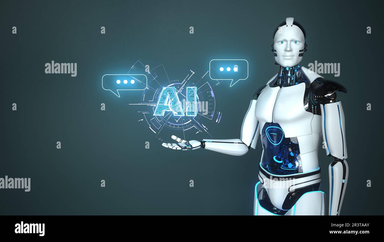 Humanoid Robot Chat AI HUD Stock Photo
