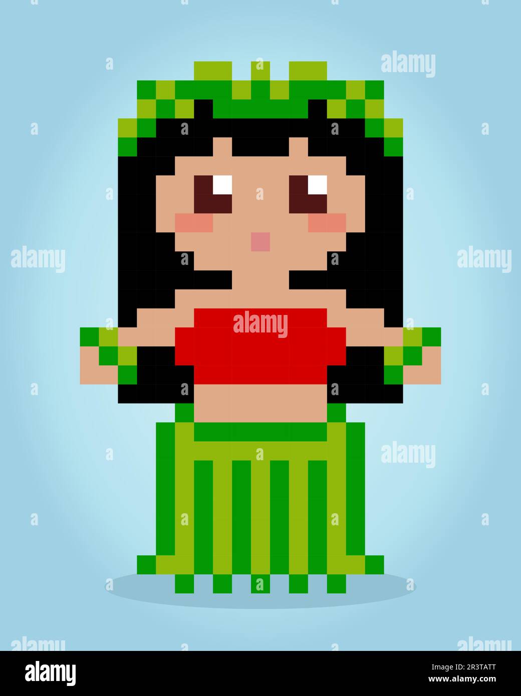 8 bit pixels of hula dancer. Hawaii tradition for game assets and cross stitch patterns in vector illustrations. Stock Vector