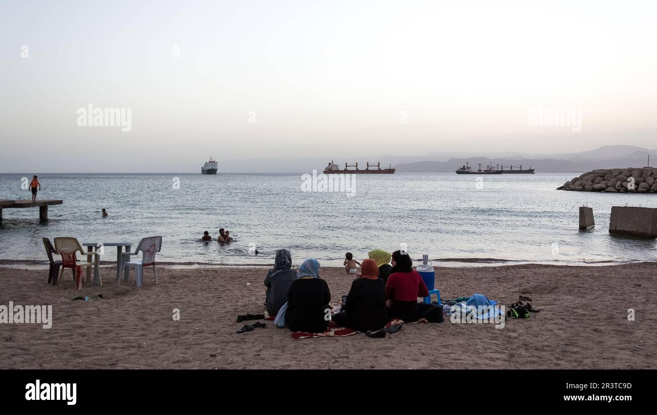 Sunset at Aqaba beach, Jordan's gateway to the Red Sea. Aqaba is renowned for its stunning 