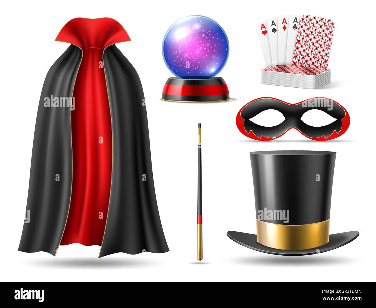 Realistic magician accessories. 3d illusionists isolated elements