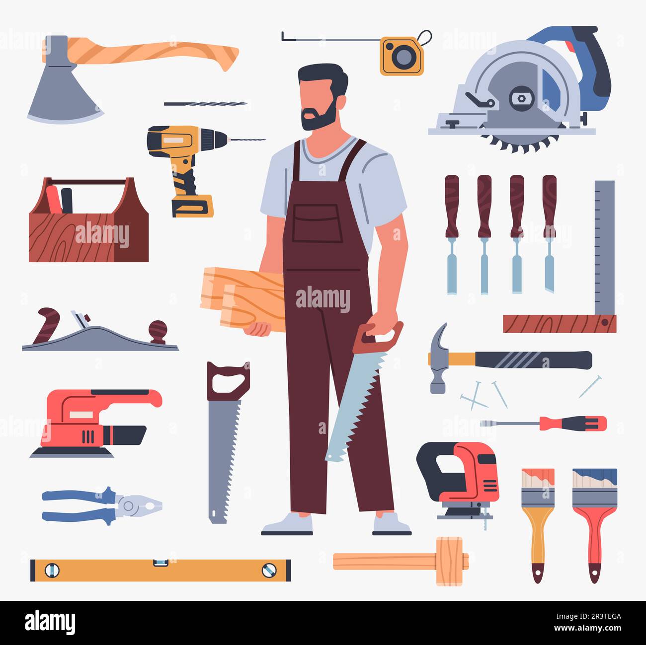 Carpenter elements. Flat cartoon repairman character with professional tools, woodworking equipment, axe, hammer and measuring tape, man hold saw Stock Vector