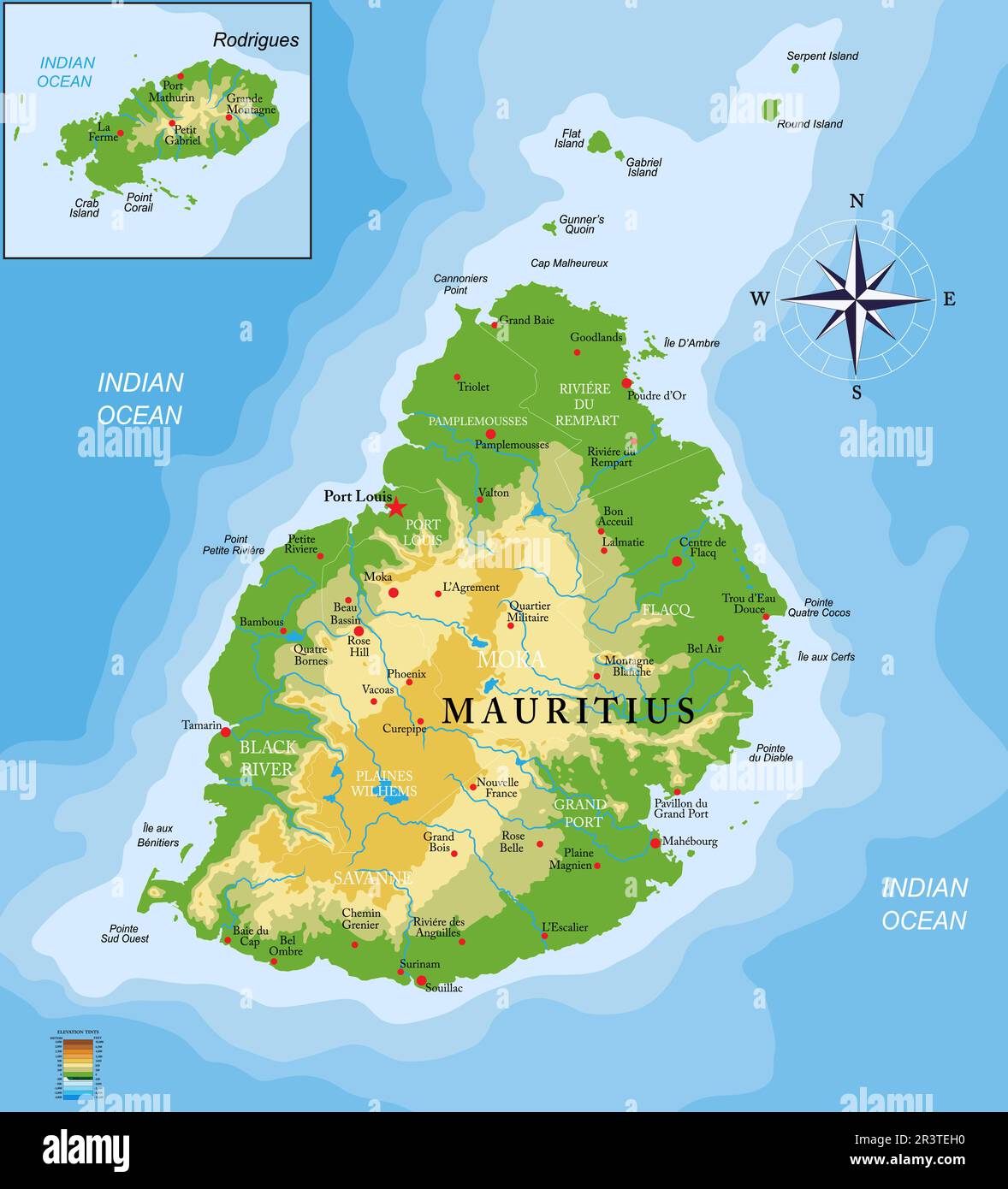 Highly detailed physical map of Mauritius islands in vector format,with all the relief forms,regions and big cities. Stock Vector