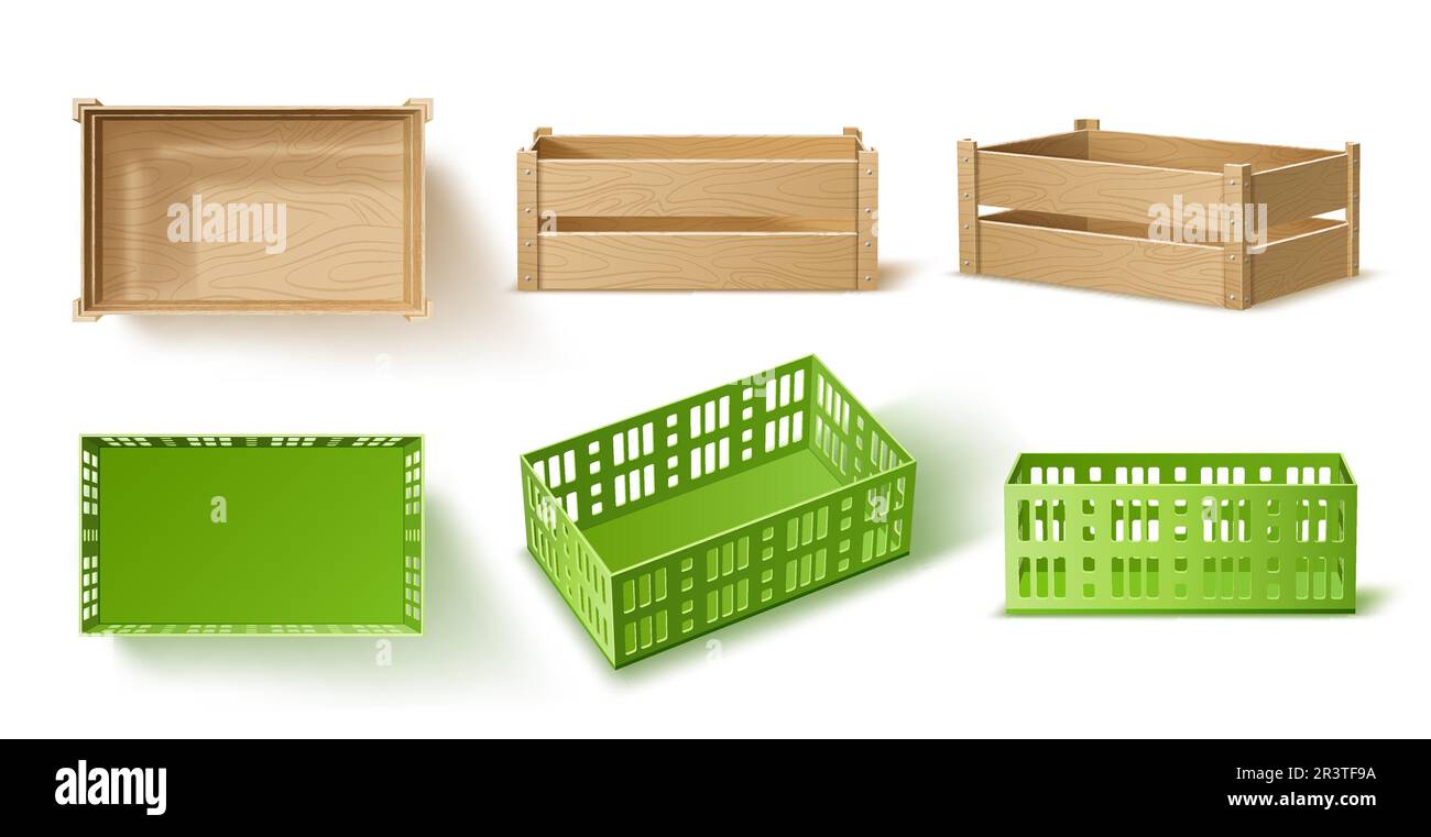 Empty wooden and plastic crates. Realistic boxes for bottles
