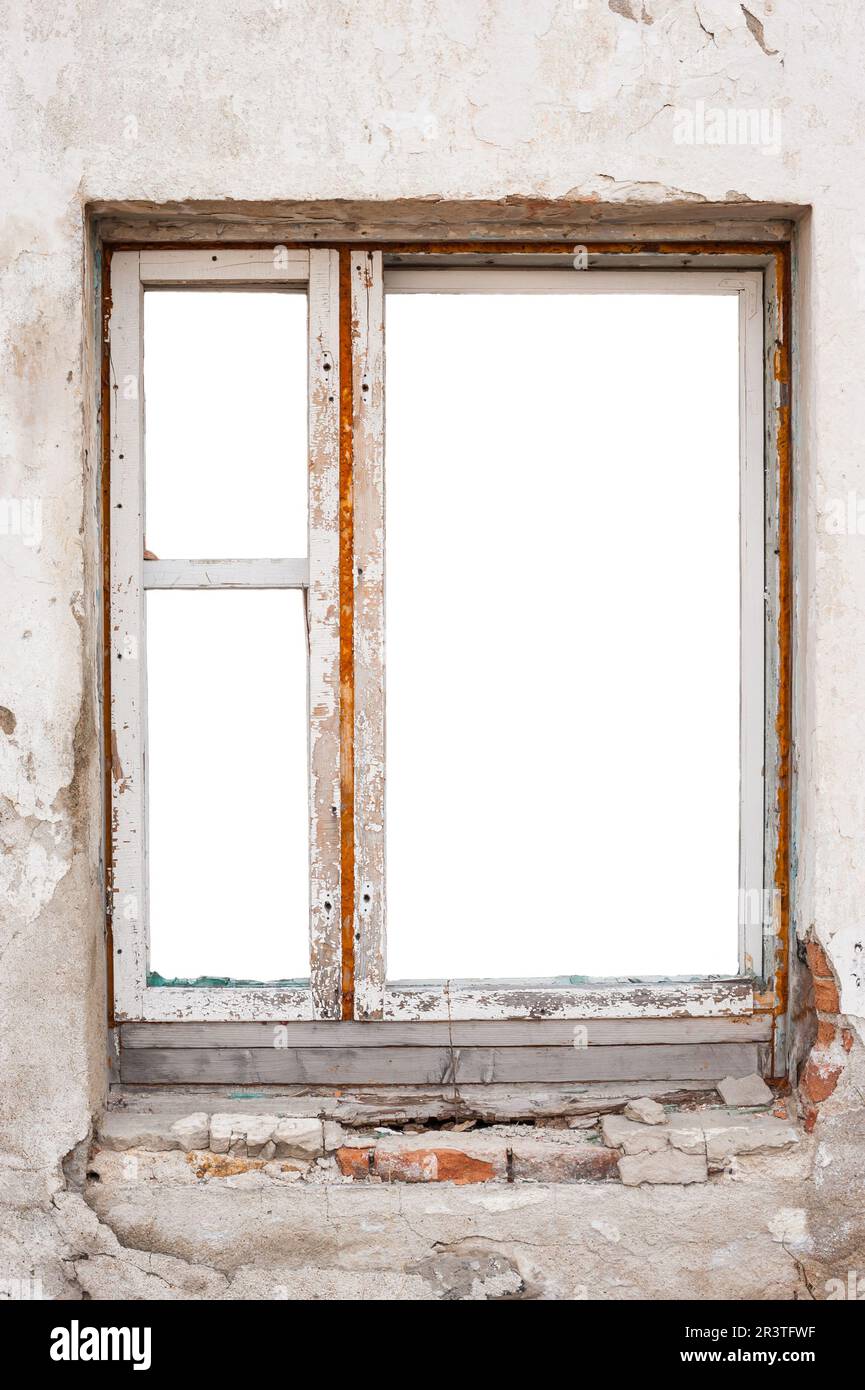 Empty wooden window frame wall Stock Photo