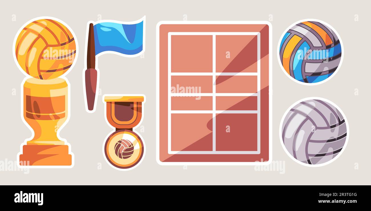 Volley ball game sport field to award cup object set collection drawing