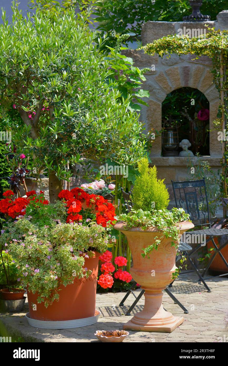 Natural stone, round arch in the garden, beautiful garden in summer, ornamental garden Stock Photo