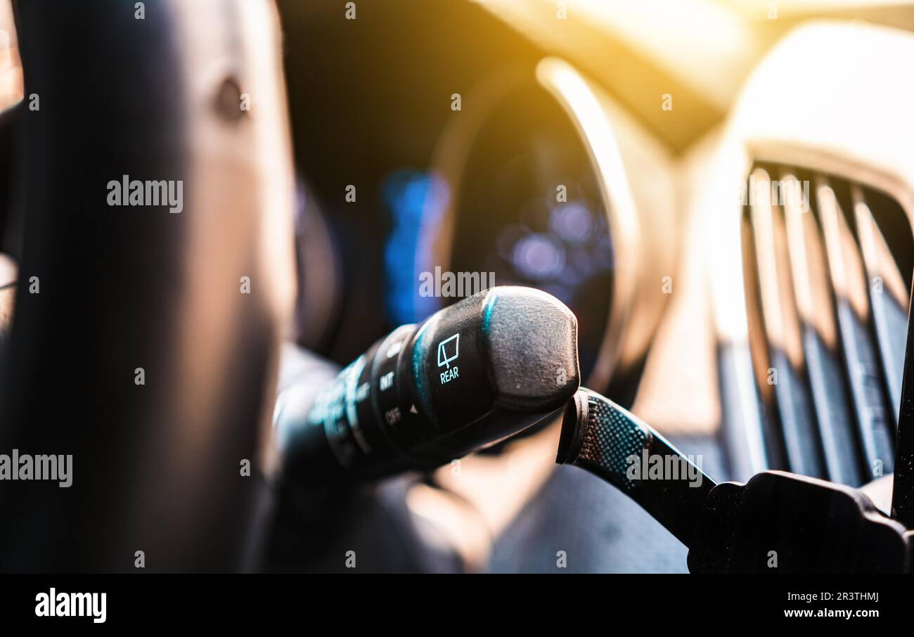 Car wiper control switch. Closeup of control lever for windshield