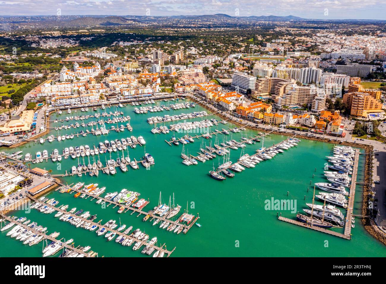 Awesome view of modern, lively and sophisticated Vilamoura Marina, one of the largest leisure resorts in Europe, Vilamoura, Algarve, Portugal Stock Photo