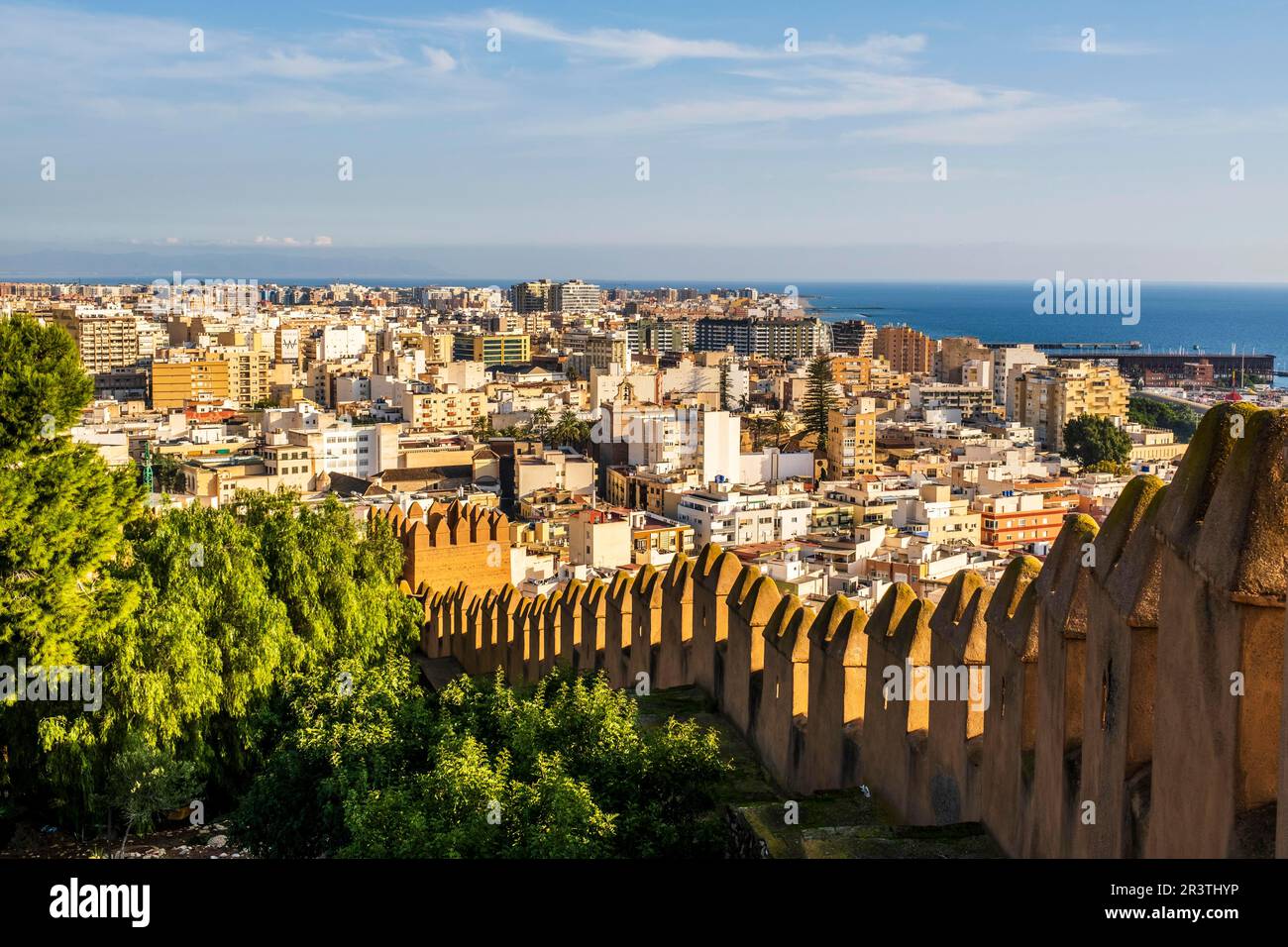 Great viw of the Alcazaba of Almeria, a fortified complex in southern Spain, constrution of defensive citadel with walls, towers, squares, houses and Stock Photo