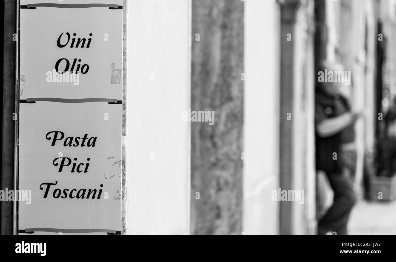 Tuscany region, Italy. A signboard with a list of Italian tipical foods Stock Photo