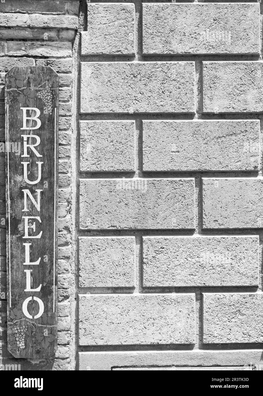 Tuscany, Italy. Signboard with the famous Brunello wine written on Stock Photo