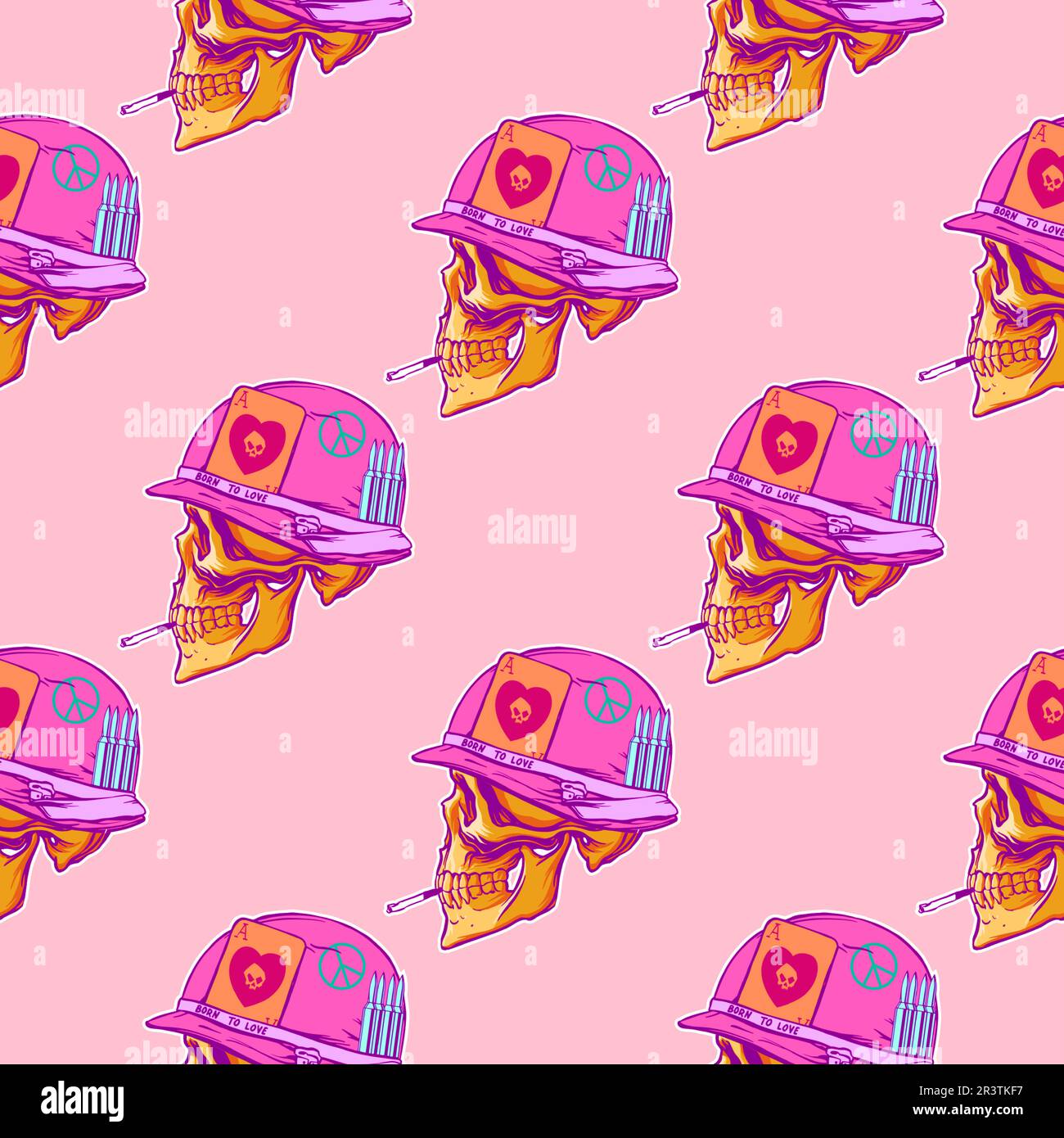 Pink pattern of love skulls in hand drow style for print and decoration