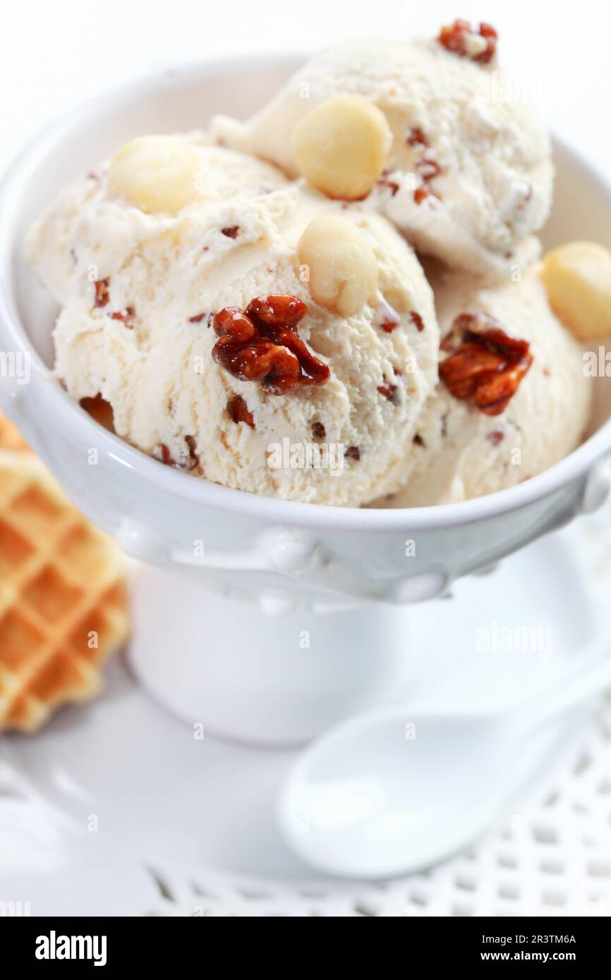 Nut ice cream with walnut and macadamia nut Stock Photo