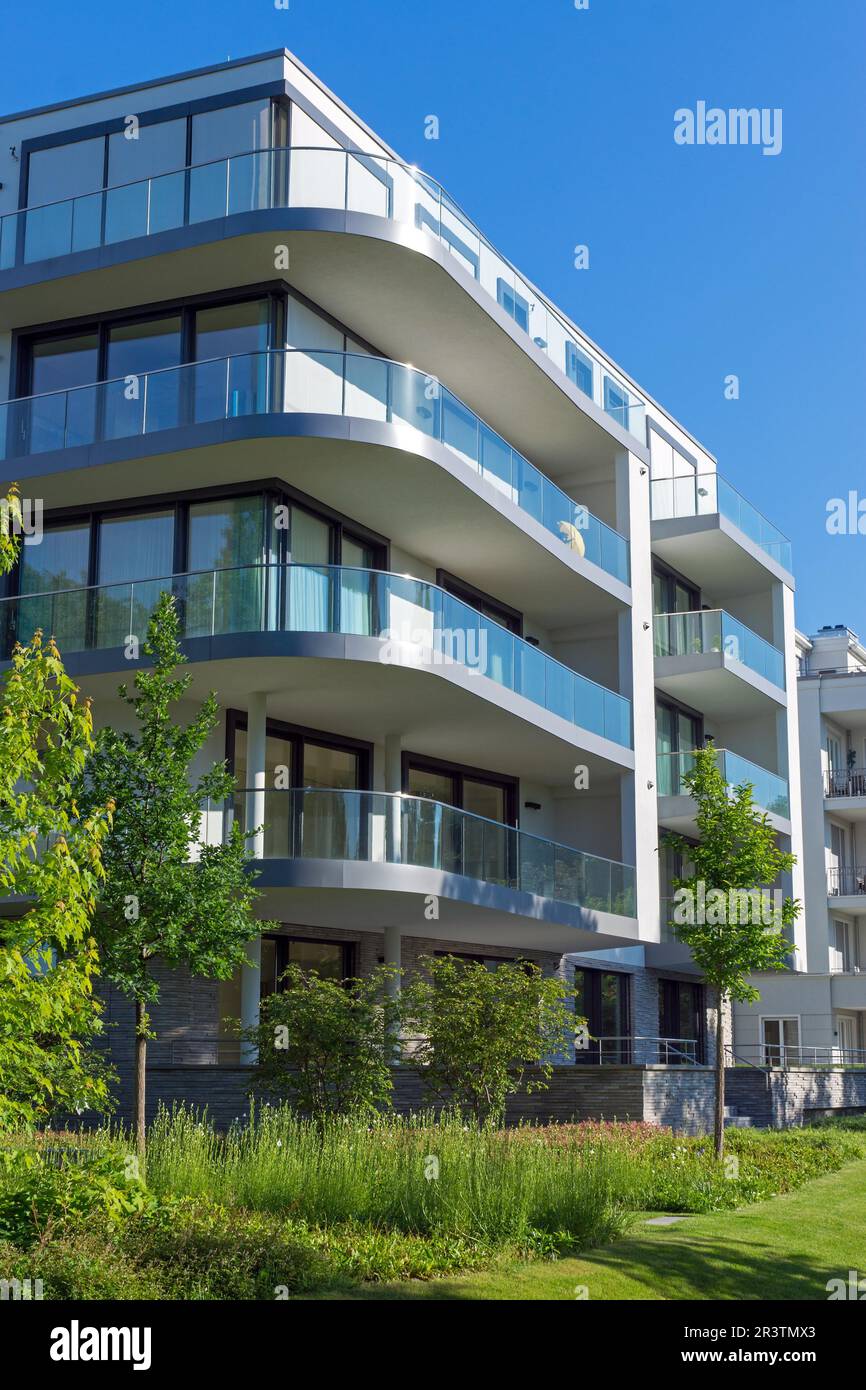 Modern apartment building with large balconies in Berlin Stock Photo
