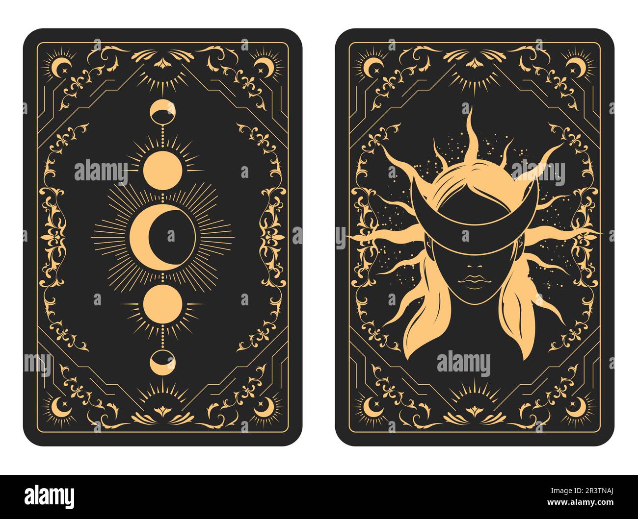 The reverse side of a tarot cards batch, pattern with blindfold witch face and lunar phases, esoteric and mystic symbols, sorcery, vector Stock Vector