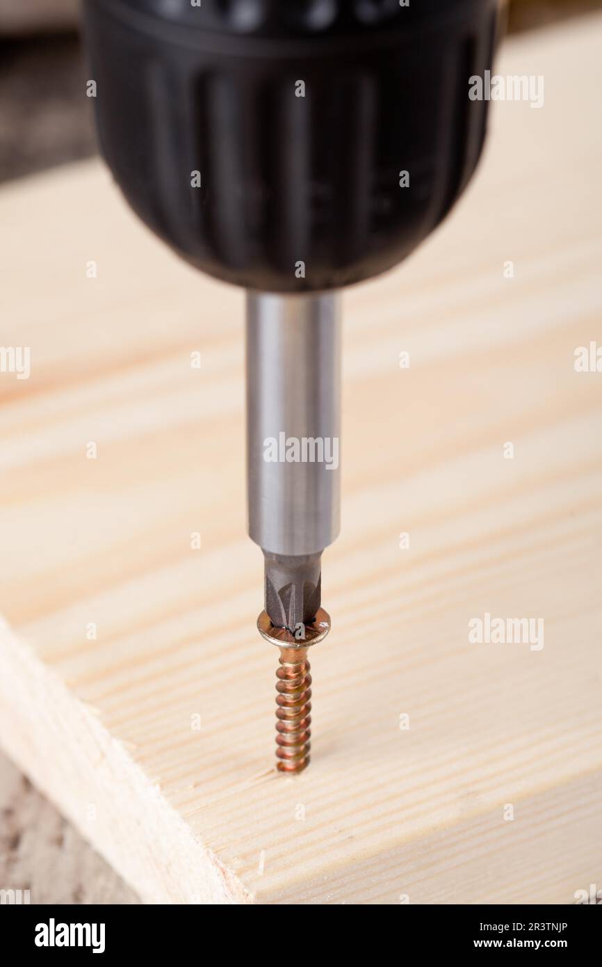 Screwing a screw into wood with a screwdriver Stock Photo Alamy