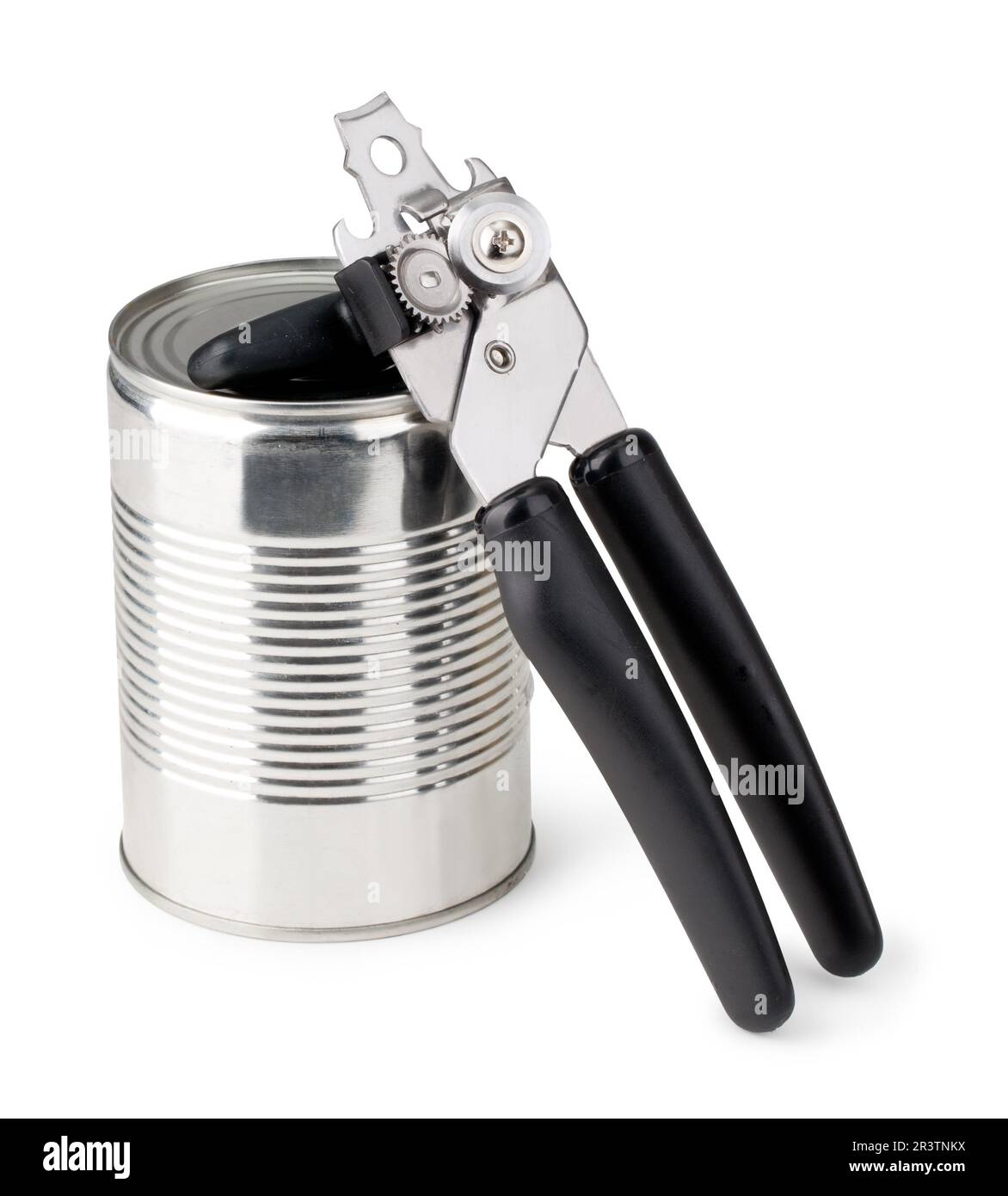 Tin opener opening a can of food isolated on white Stock Photo