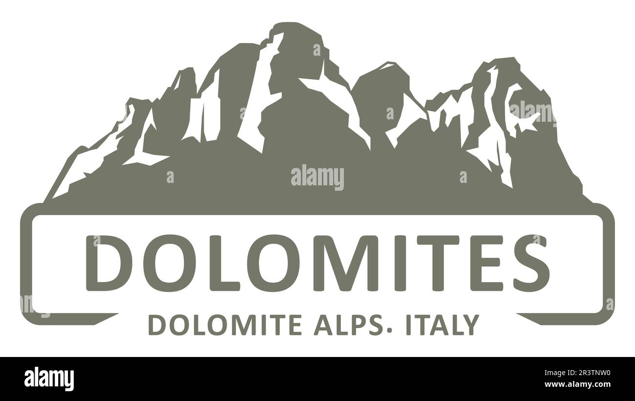 Stamp or emblem of Dolomites Alps, Dolomiti Mountains sihouette, Italy, vector Stock Vector
