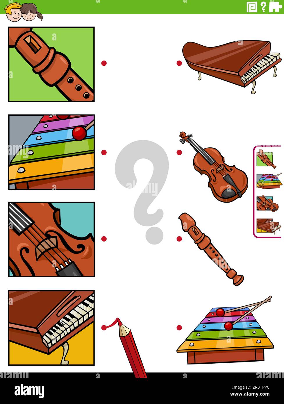 Cartoon illustration of educational matching activity with musical