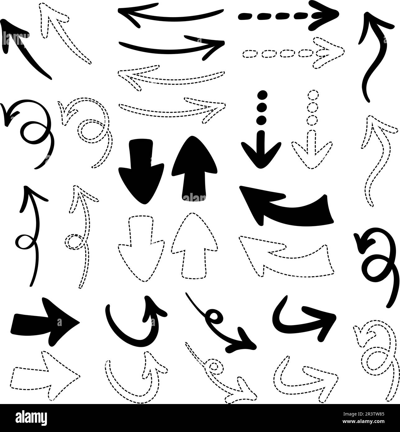 Hand drawn black arrows set. Various shape simple and dotted arrows. Doodle design Stock Vector