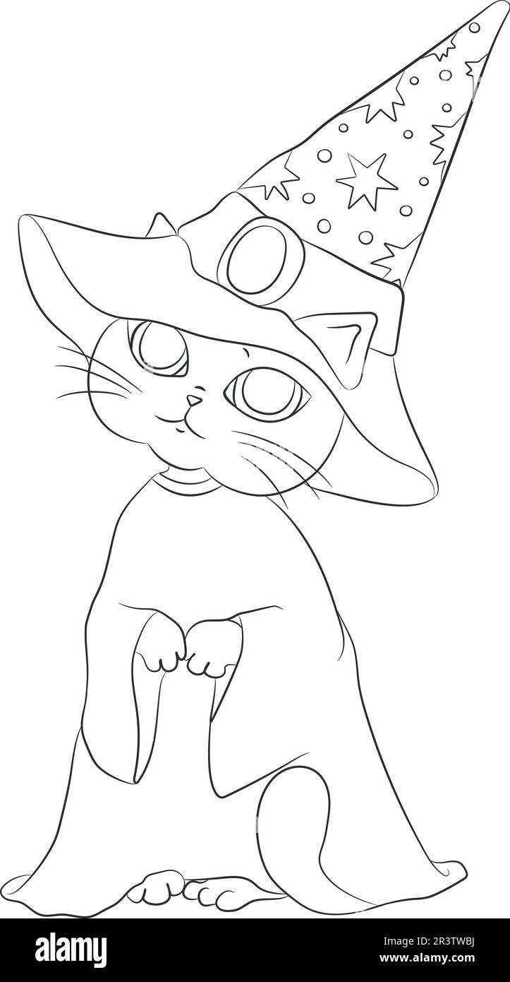 Vector hand drawn cat wizard isolated - Vector Hand Drawn Cat Wizard Isolated On White Background Cute Cat In A Hat Art Illustration For Your Design 2R3TWBJ