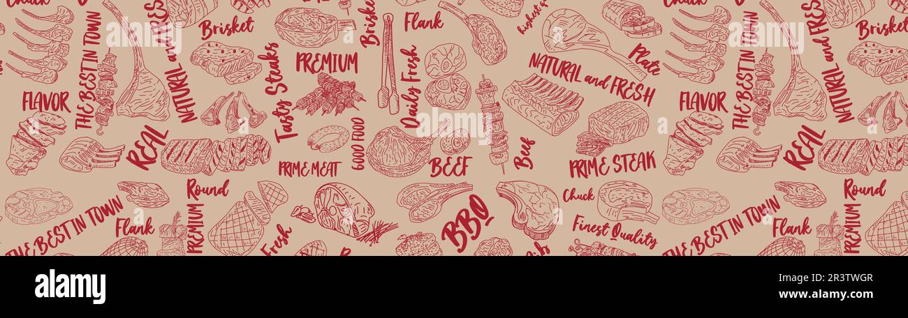 Meat seamless pattern. Hand-drawn vector illustration. Carved
