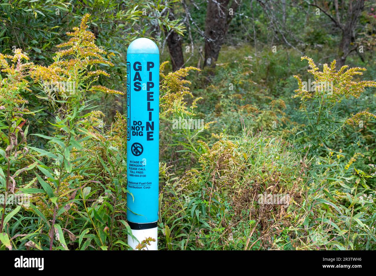 Bradford, Pennsylvania, A marker shows the path of a buried gas pipeline operated by National